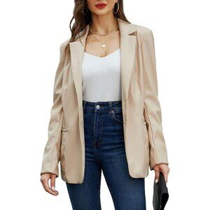 🆕 Women Cream Faux Leather Blazer Jackets Spring Fashion Vegan Button Down Coat